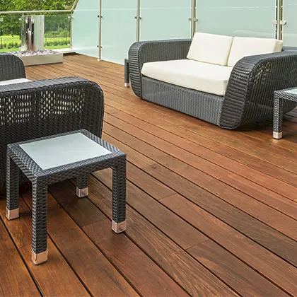 This modern looking outdoor living space features a deck built from Ipe hardwood decking