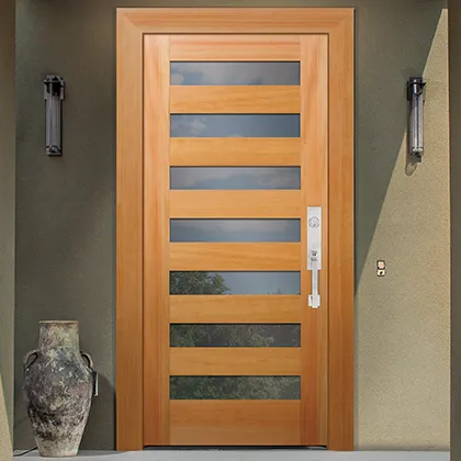 Curbside modern with front door of wood and glass from the Urban Door Collection by Rogue Valley Door