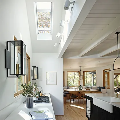 Modern kitchen design includes VELUX Venting Skylights for fresh air and natural light for the back cabinets