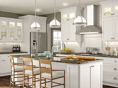 A custom kitchen by Crystal Cabinets in simply white with large island