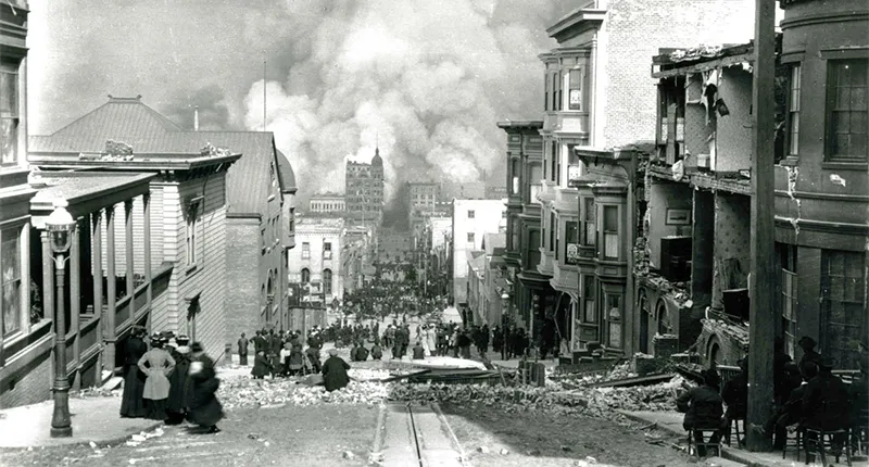 Vintage photograph looking towards the Bay showing major building damage after the San Francisco earthquake of 1907