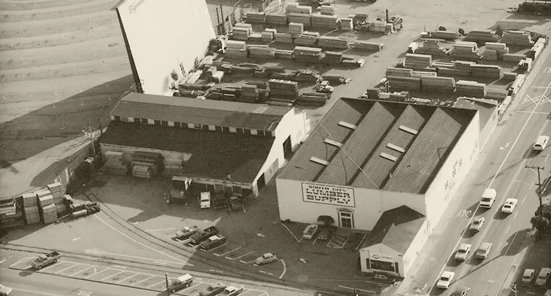 South City Lumber & Supply as seen in this aerial survey photo showing the intersection of Railroad Avenue & South Spruce Avenue, South San Francisco