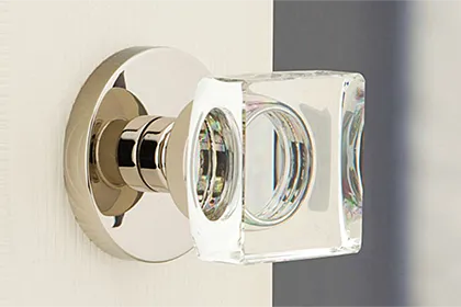 Square crystal door knob from Emtek is the perfect choice for a contemporary privacy door