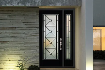 Modern home with curb appeal and Masonite decorative glass front entry door and side lite
